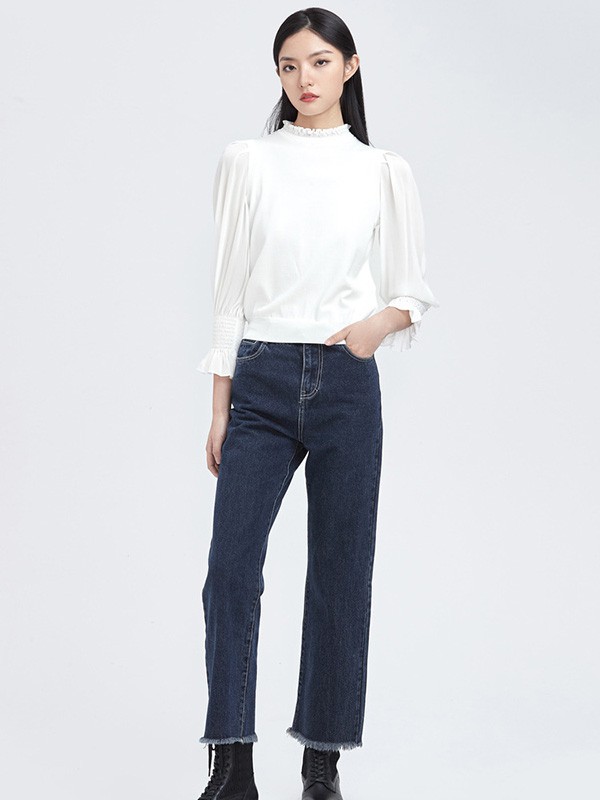 圣迪奥女装2022春夏季藏蓝色纯色长裤