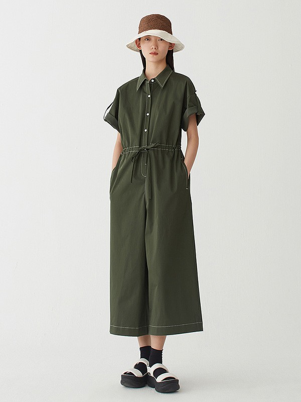 噢姆女装2022春夏季墨绿色宽松连体裤