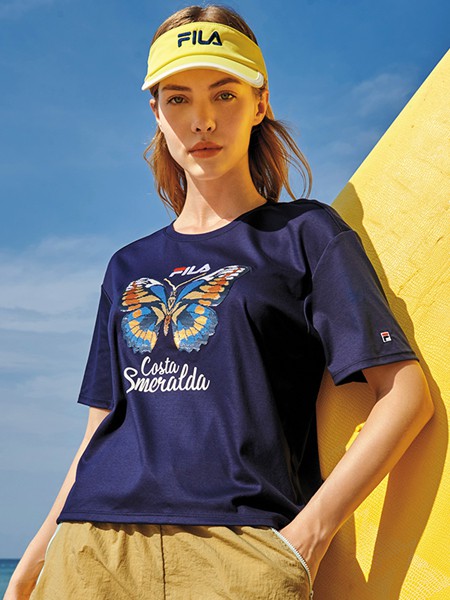 斐乐运动装2022春夏季藏蓝色印花T恤