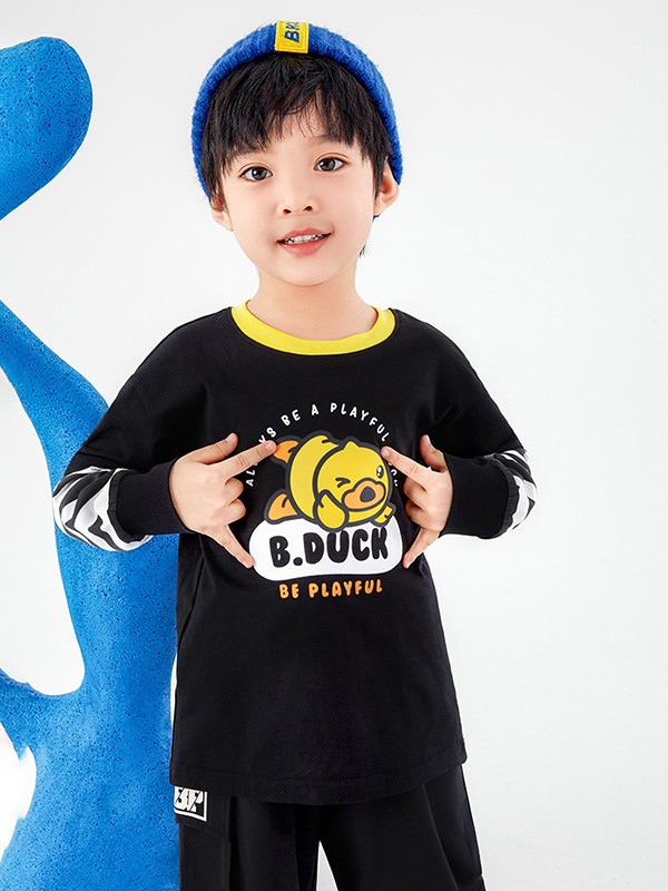 小黄鸭童装2022春夏季黑色印花T恤