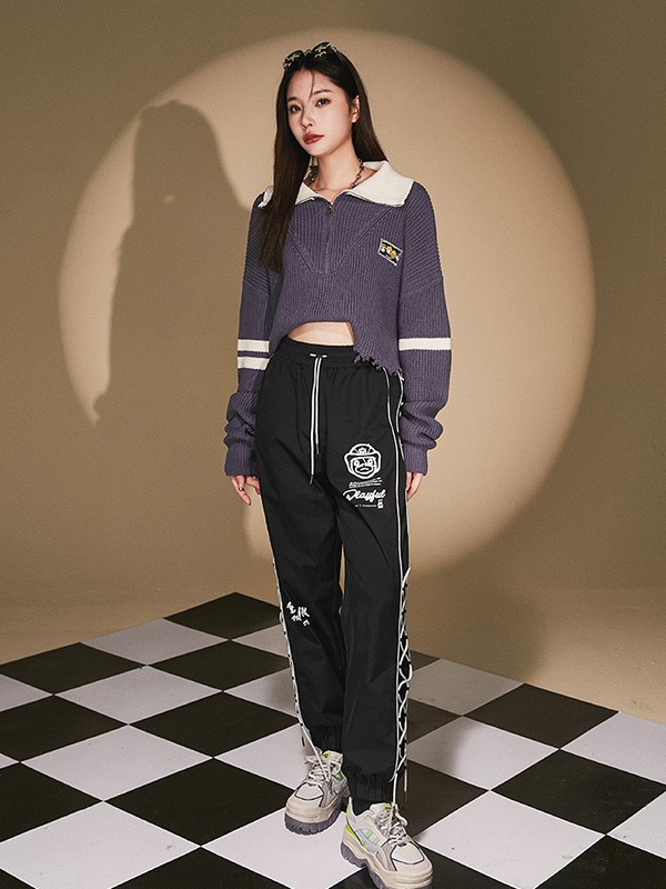 小黄鸭休闲装2022春夏季黑色印花长裤