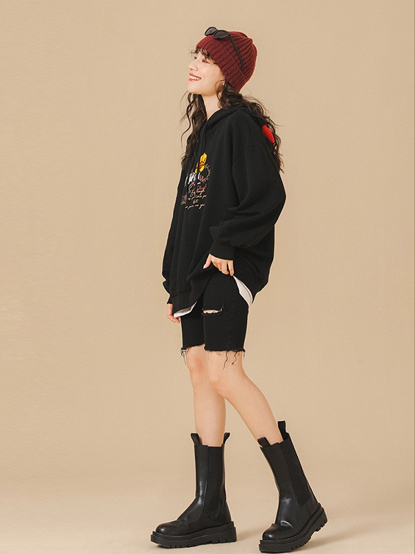 小黄鸭休闲装2022春夏季黑色印花卫衣