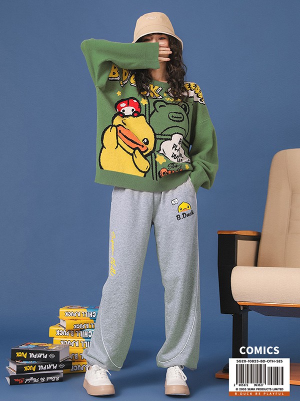 小黄鸭休闲装2022春夏季绿色印花T恤