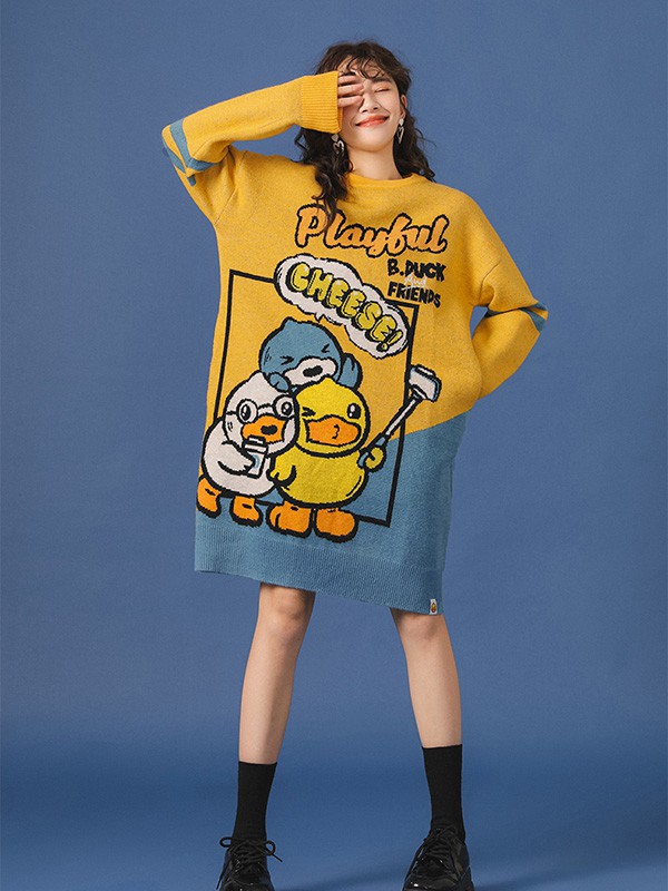 小黄鸭休闲装2022春夏季拼色印花连衣裙