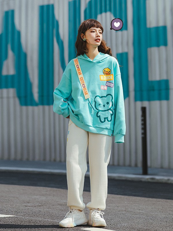 小黄鸭休闲装2022春夏季蓝色印花T恤