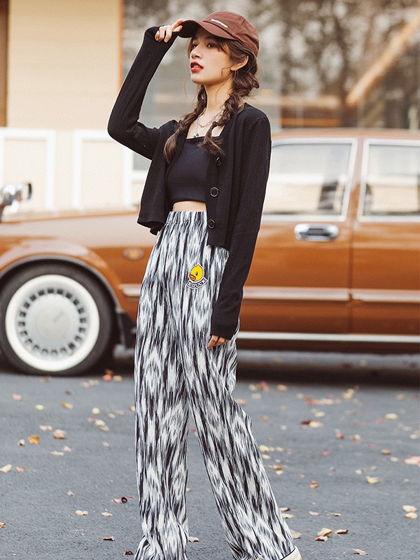 小黄鸭休闲装2022春夏季白色印花阔腿裤