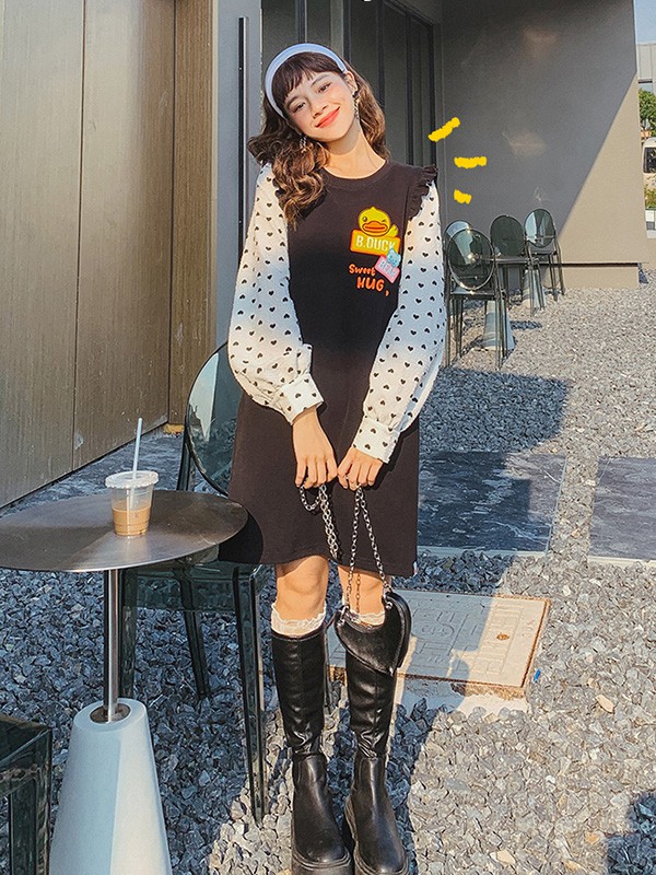 小黄鸭休闲装2022春夏季拼色印花连衣裙