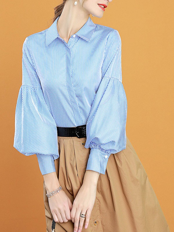 海青蓝女装2022春夏季蓝色泡泡袖衬衫