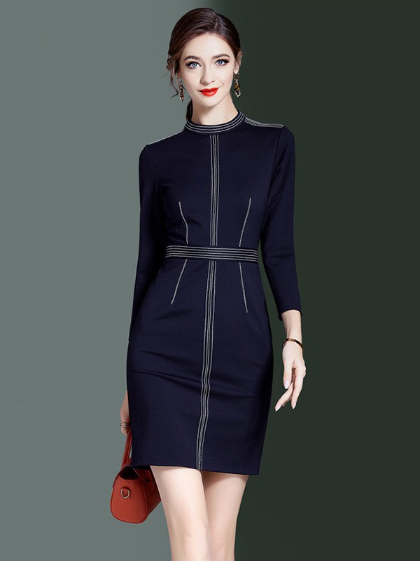 海青蓝女装2022春夏季黑色修身连衣裙