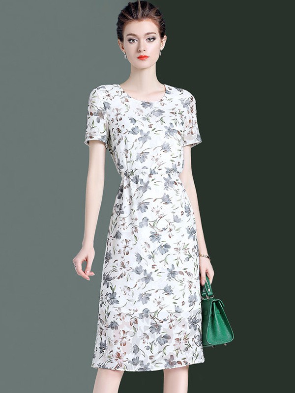 海青蓝女装2022春夏季白色印花连衣裙