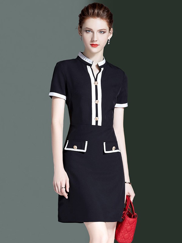 海青蓝女装2022春夏季黑色收腰连衣裙