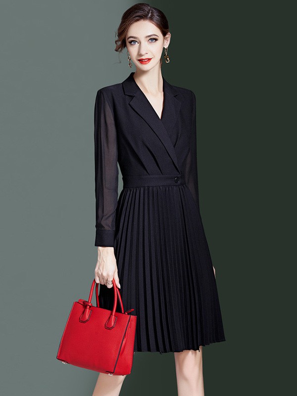 海青蓝女装2022春夏季黑色褶皱连衣裙