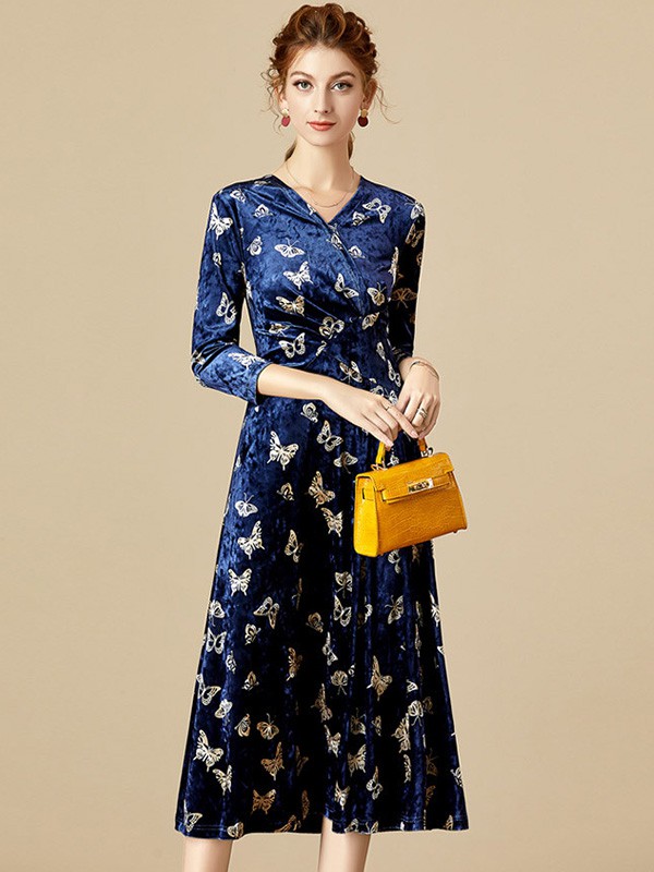 海青蓝女装2022春夏季藏蓝色印花连衣裙