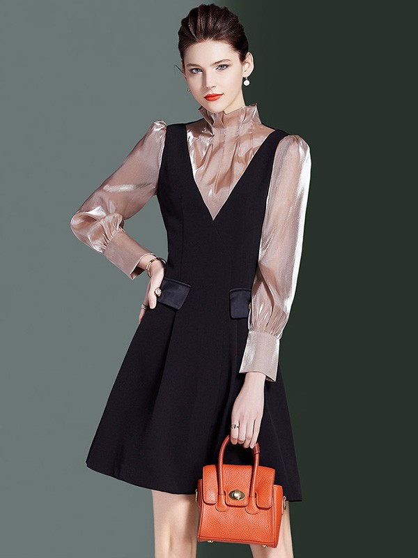 海青蓝女装2022春夏季黑色纯色背带裙