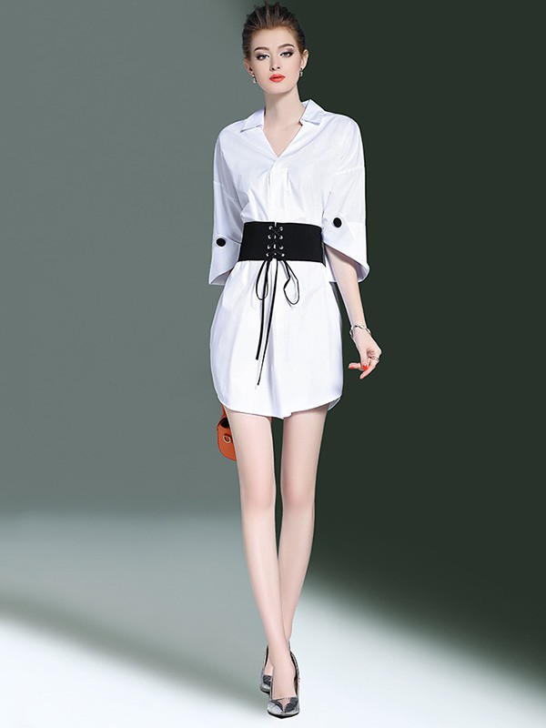 海青蓝女装2022春夏季白色收腰衬衫裙