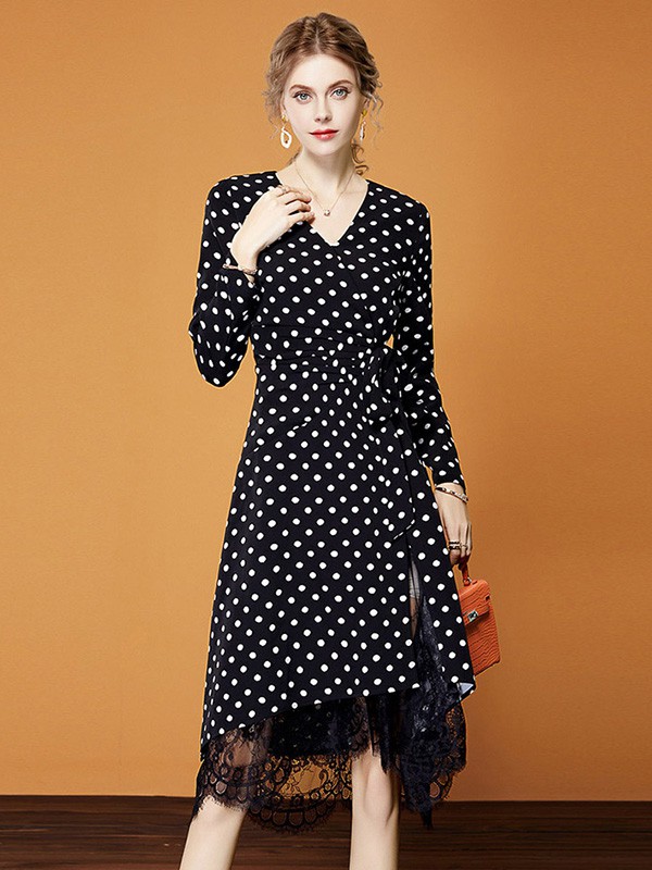 海青蓝女装2022春夏季黑色波点连衣裙