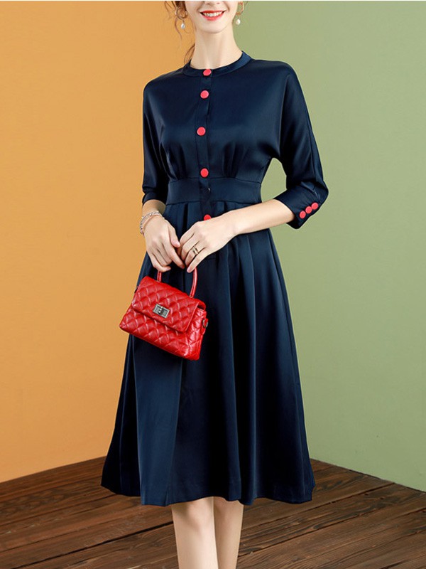 海青蓝女装2022春夏季黑色纯色连衣裙