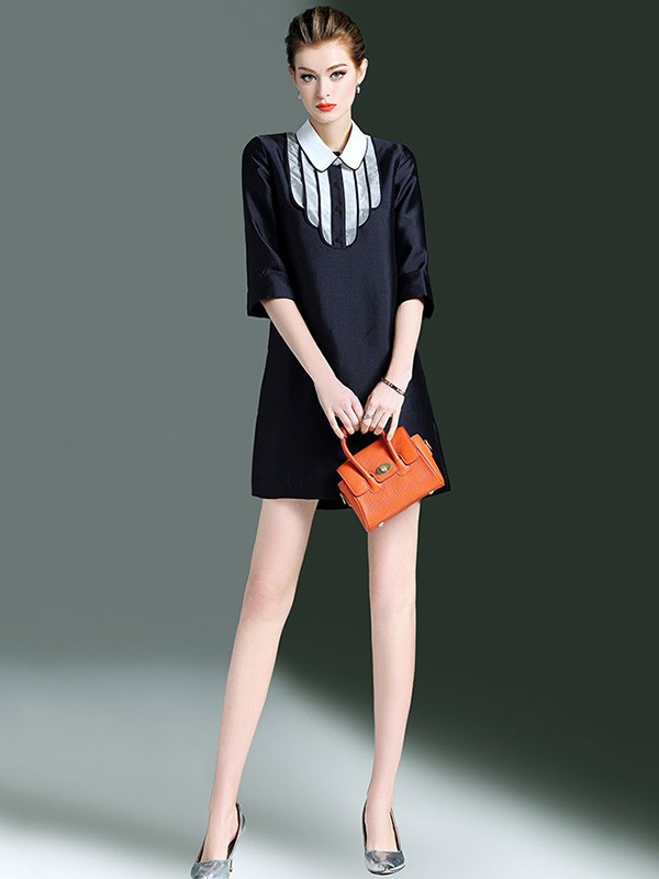 海青蓝女装2022春夏季黑色拼接连衣裙