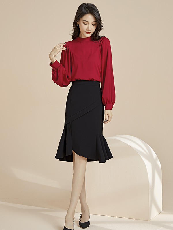 爱依莲2022春夏季酒红色泡泡袖雪纺衫