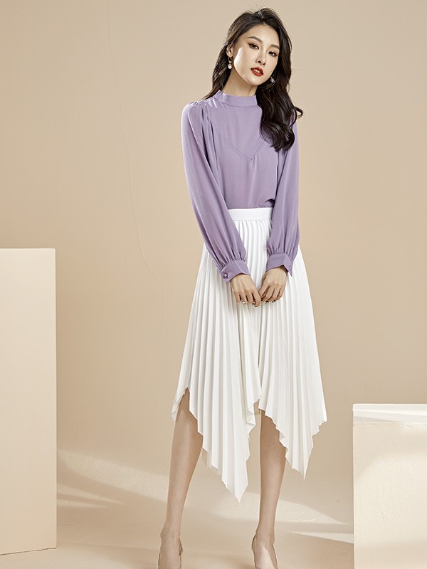 爱依莲2022春夏季白色不对称百褶裙