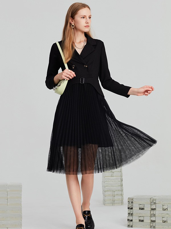 百图2022春夏季黑色纱网连衣裙