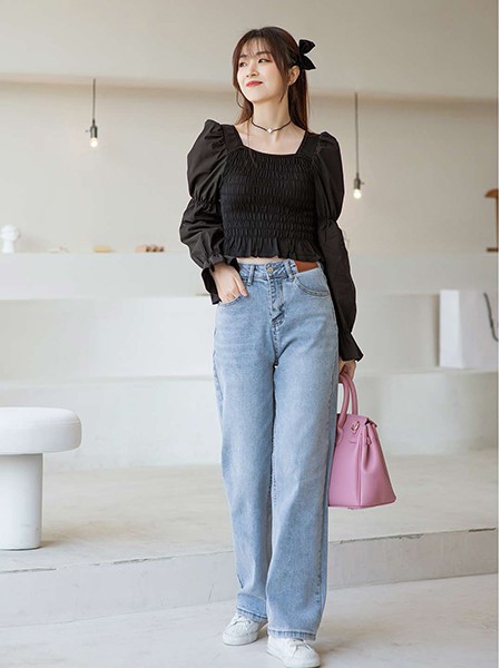 谜秀女装2022春夏季蓝色纯色阔腿裤