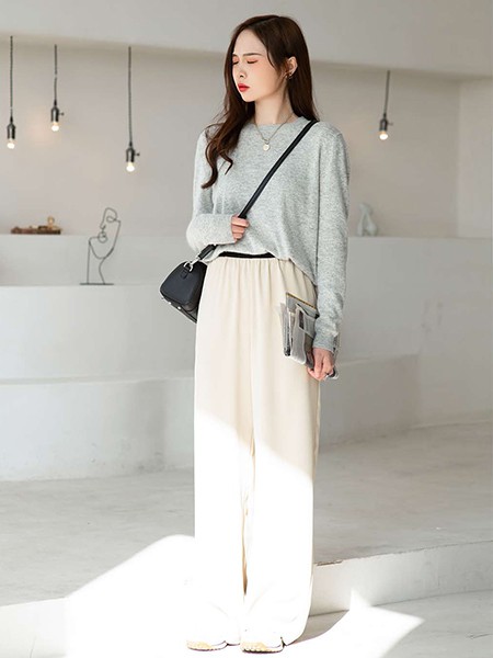 谜秀女装2022春夏季白色纯色阔腿裤