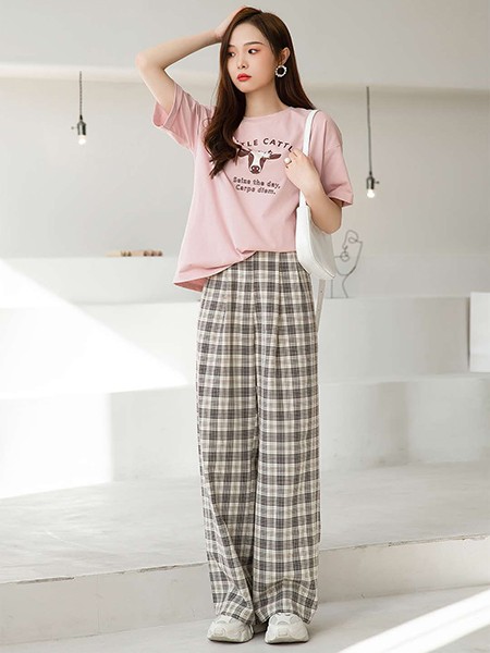 谜秀女装2022春夏季白色格子阔腿裤