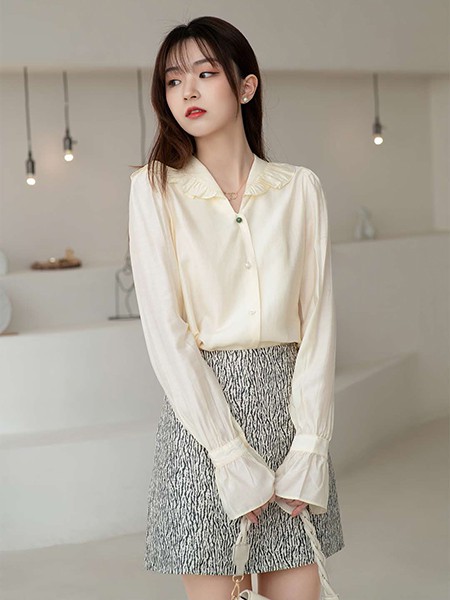谜秀女装2022春夏季白色纯色雪纺衫