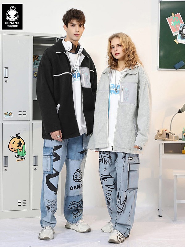 闪电潮牌休闲装2022春夏季蓝色印花长裤