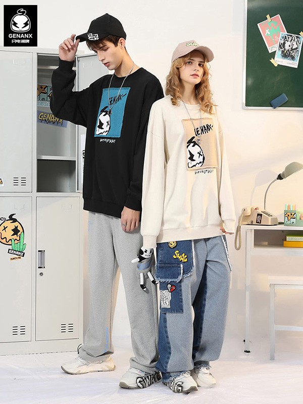 闪电潮牌休闲装2022春夏季米色印花T恤