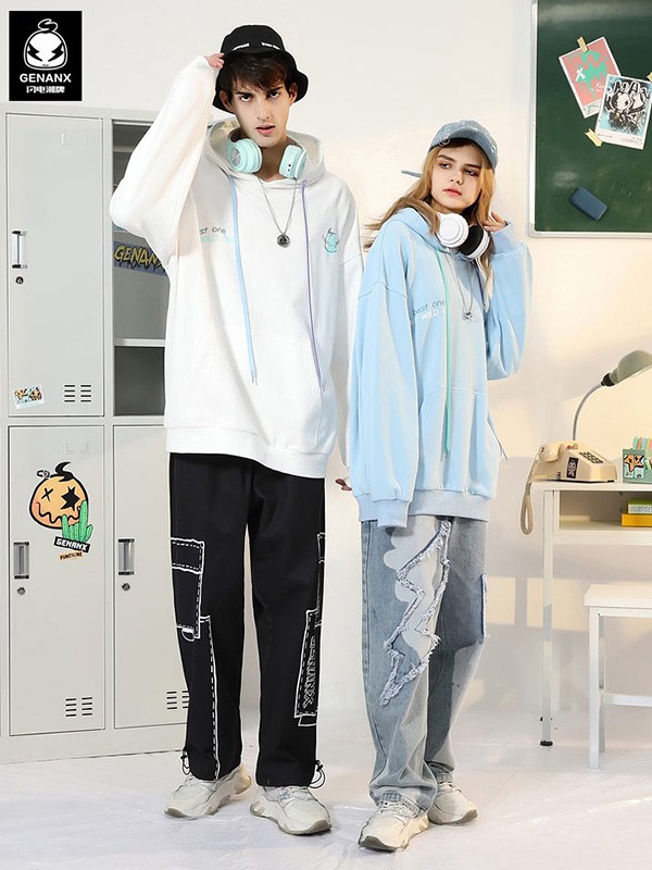 闪电潮牌休闲装2022春夏季蓝色印花T恤