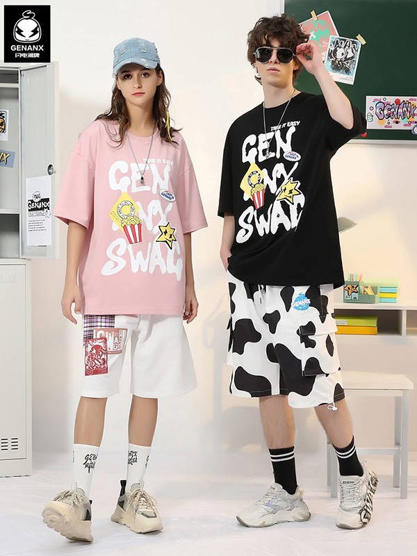 闪电潮牌休闲装2022春夏季粉色印花T恤