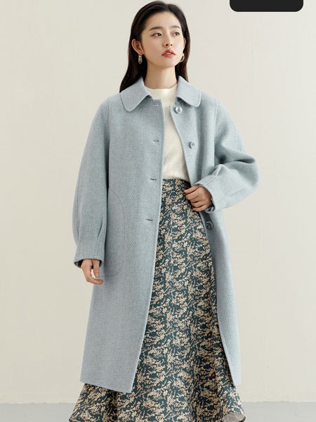 诗凡黎女装2021秋冬季蓝色纯色大衣