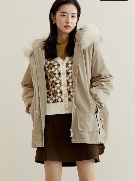 诗凡黎女装2021秋冬季白色带毛领派克服