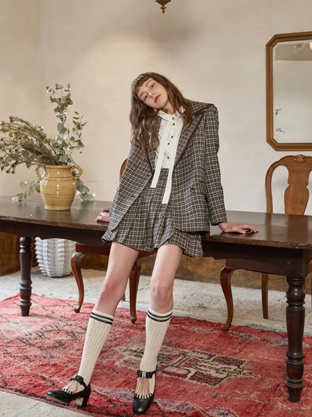 pit女装2022春夏季黑色格子百褶裙