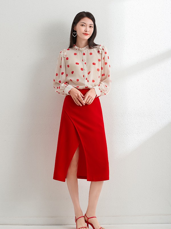 艾丽哲2022春夏季红色开叉半身裙