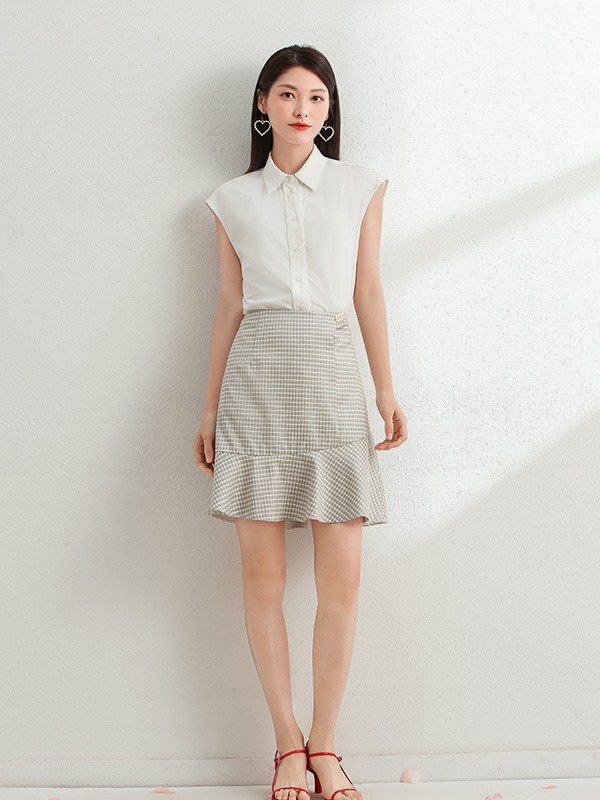 艾丽哲2022春夏季灰色木耳边包臀裙