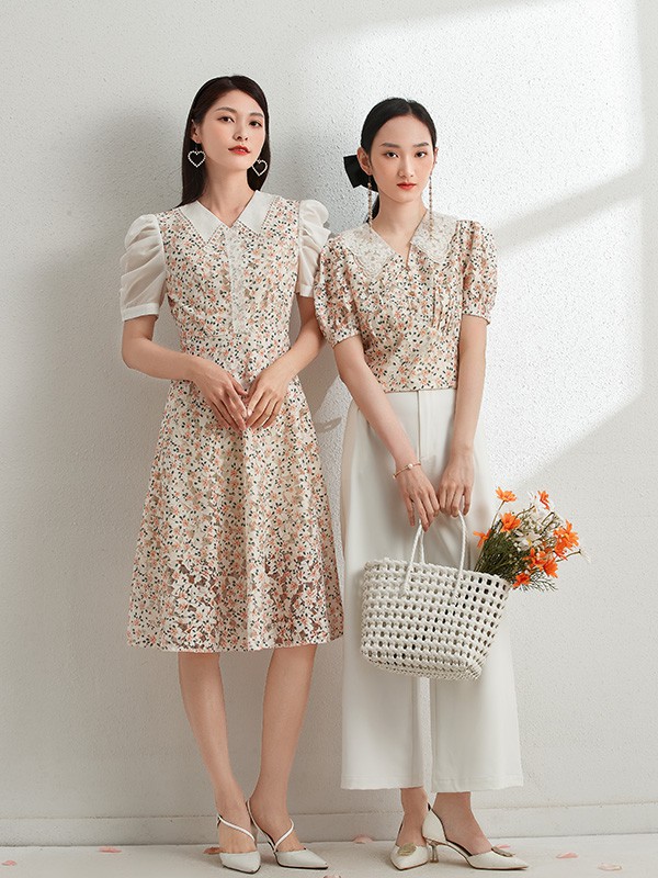 艾丽哲2022春夏季白色碎花连衣裙