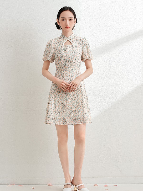 艾丽哲2022春夏季白色印花旗袍