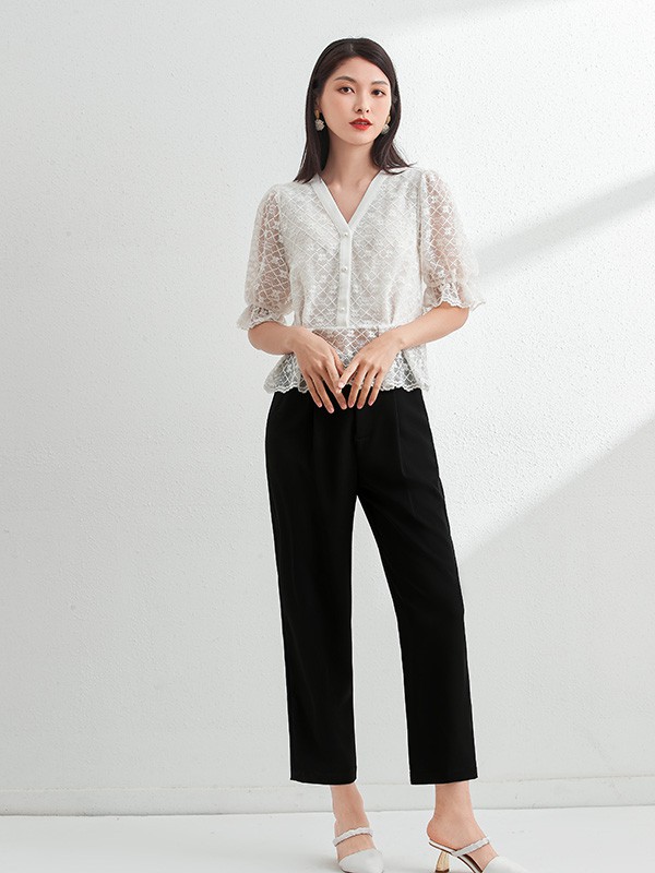 艾丽哲2022春夏季白色蕾丝衬衫