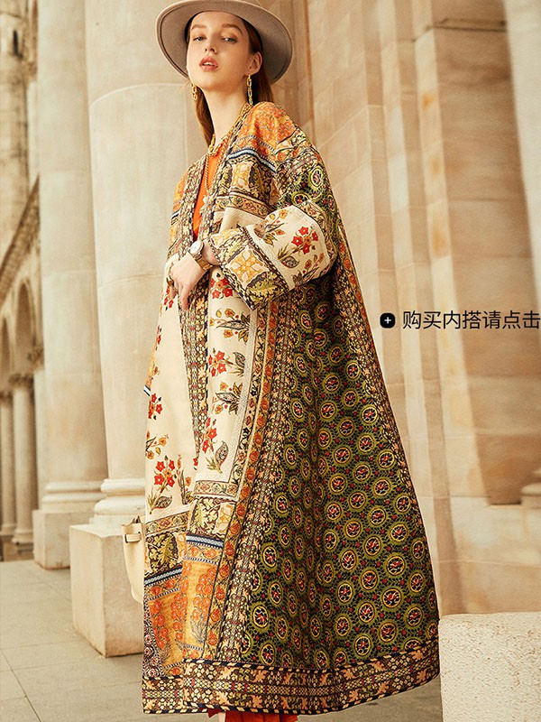 卡米兰女装2022春夏季棕色印花风衣