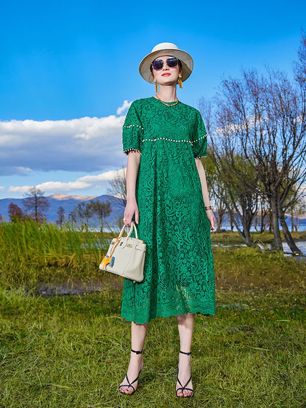 卡米兰女装2022春夏季绿色印花连衣裙