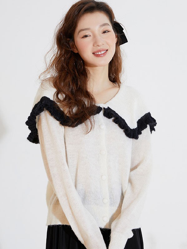 D.SIGN女装2022春夏季白色娃娃领针织衫