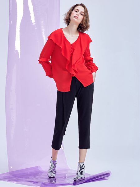 M.STUDIO女装2022春夏季红色荷叶边雪纺衫