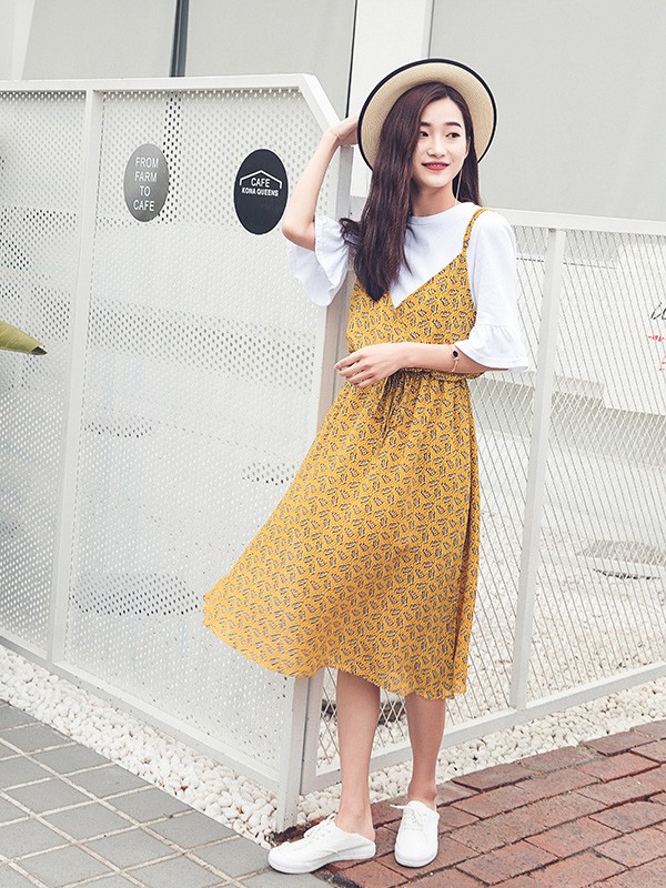 伊见就爱女装2022春夏季黄色印花吊带裙
