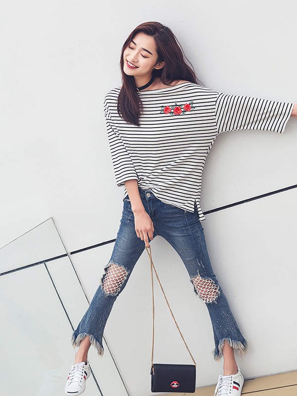伊见就爱女装2022春夏季白色条纹T恤