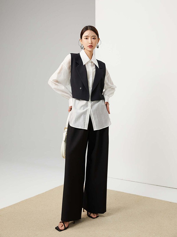 衣莱尔2022春夏季黑色纯色阔腿裤