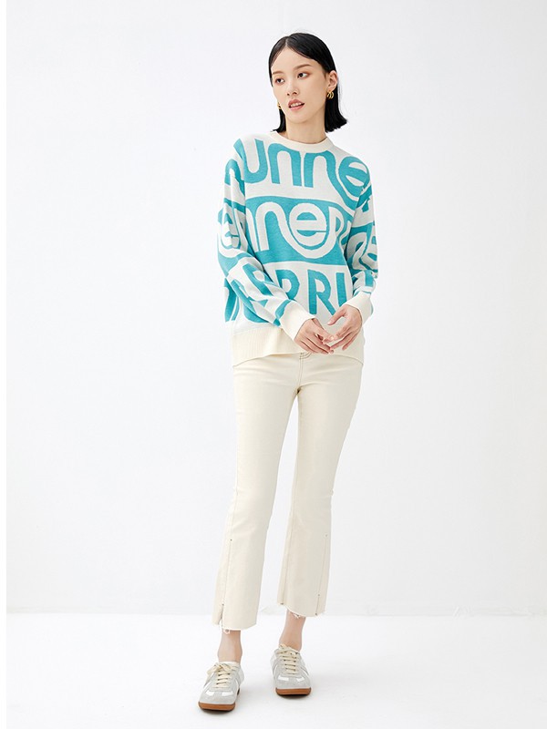 恩瑞妮女装2021秋冬季蓝色印花T恤