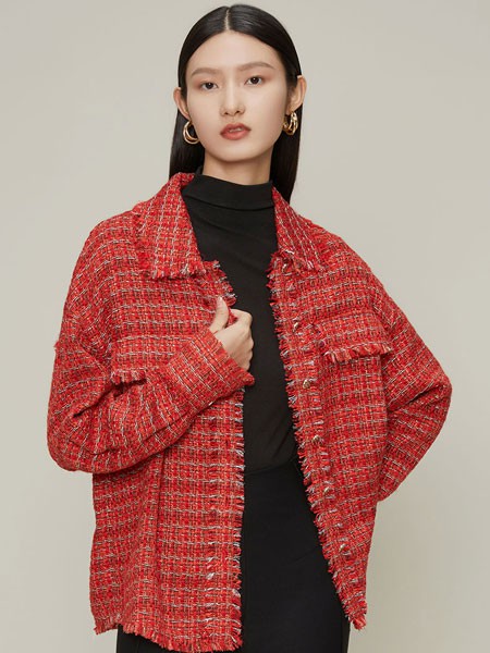 曼德诗女装2021秋冬季红色格子外套